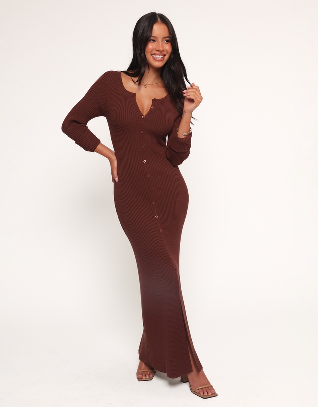 Petal & Pup - Marshall Button Through Knit Maxi Dress - Chocolate