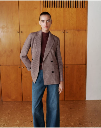 Trenery - Puppytooth Ponte Double Breasted Blazer in Espresso