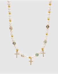 Nialaya Jewellery - Men's Cross Pearl Choker with Evil Eyes
