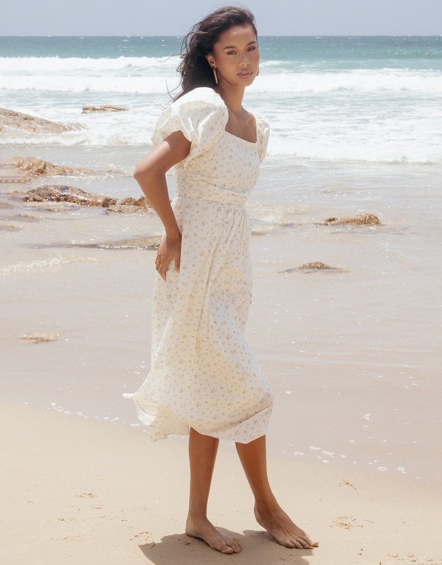 Petal & Pup - Clo Puff Sleeve Midi Dress - White Betty