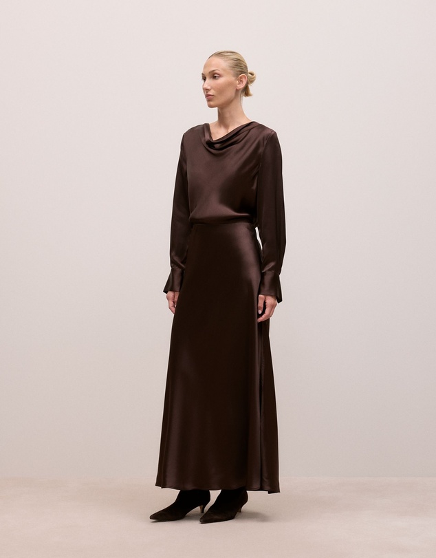 Trenery - Satin Cowl Neck Top in Coffee Bean