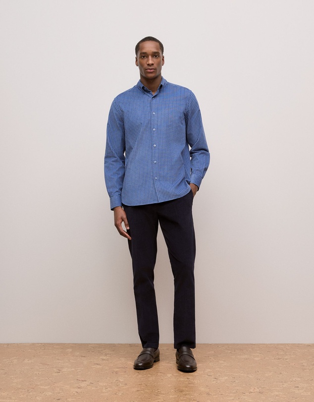 Trenery - Regular Fit Cord Check Shirt in Steel Blue