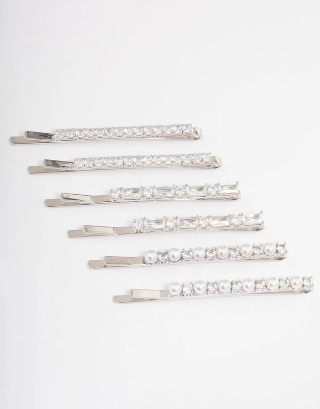 Lovisa - Silver Plated Cubic Zirconia Mixed Stone & Pearl Hair Clips 6-Pack