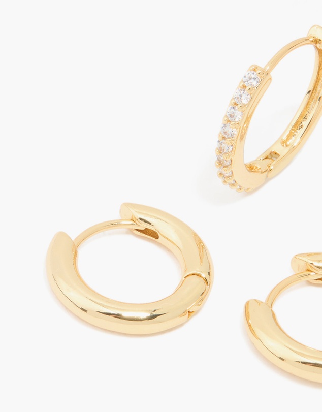 Lovisa - Gold Plated Brass Cubic Zirconia Thin Medium Huggie Earrings Pack