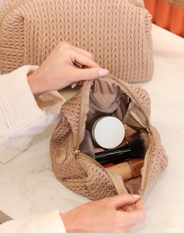Sky Gazer - Luxe Quilted Make-Up & Toiletry Bag Set (Dark Beige)