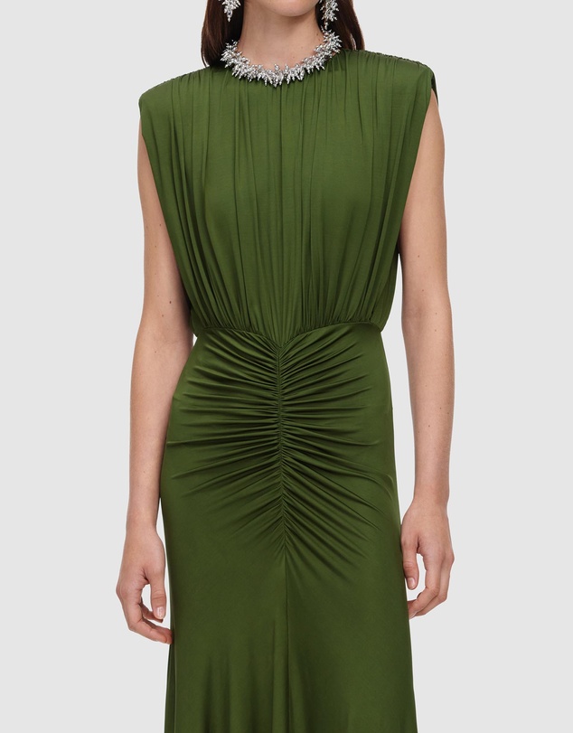 Self Portrait - Olive Jersey Gathered Maxi Dress