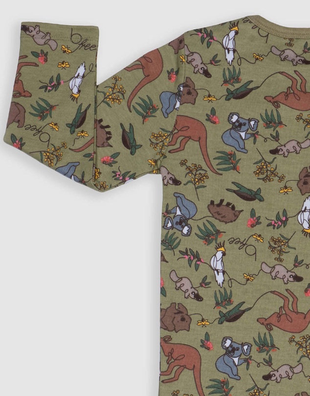 B Free Intimate Apparel - Baby Snap Button Sleepsuit with Booties - 100% Organic Cotton - Khaki Native Aussie Animals