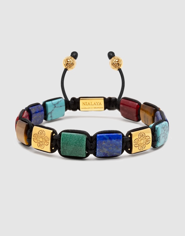 Nialaya Jewellery - The Dorje Flatbead Collection - Blue Lapis, Green Jade, Brown Tiger Eye, Red Jade and Turquoise