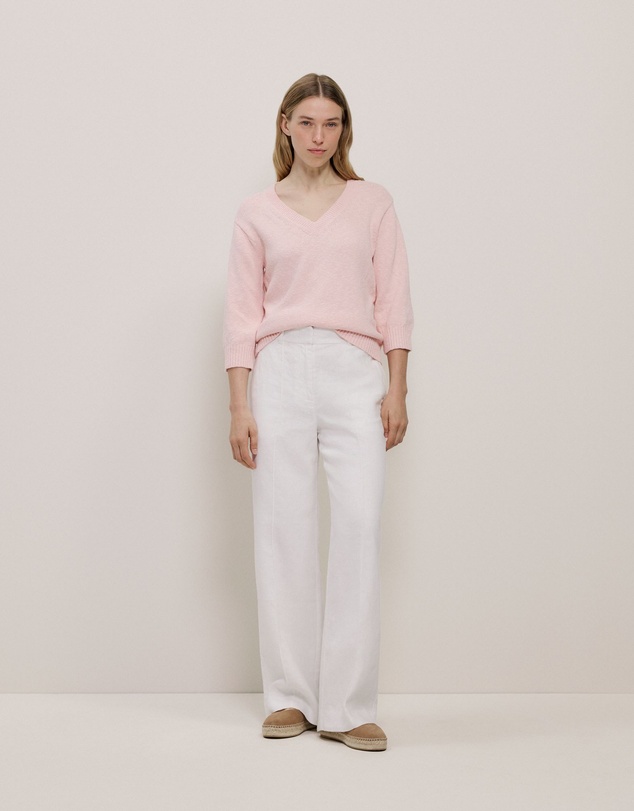 Trenery - Cotton Linen Textured V Neck Knit in Blossom Pink