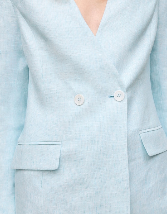 Trenery - Linen Collarless V Neck Blazer in Pastel Blue