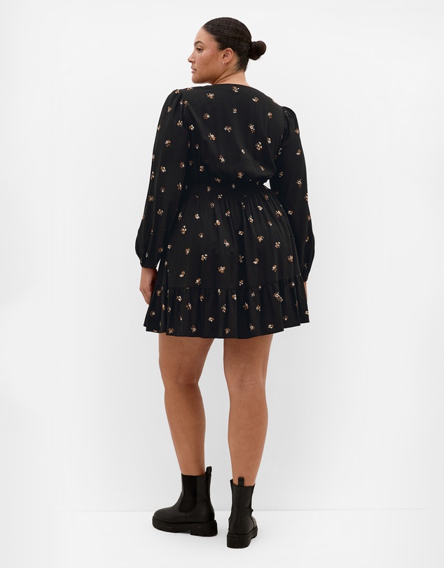 City Chic - Plus size Elsie Print Long Sleeve Mini Dress - black