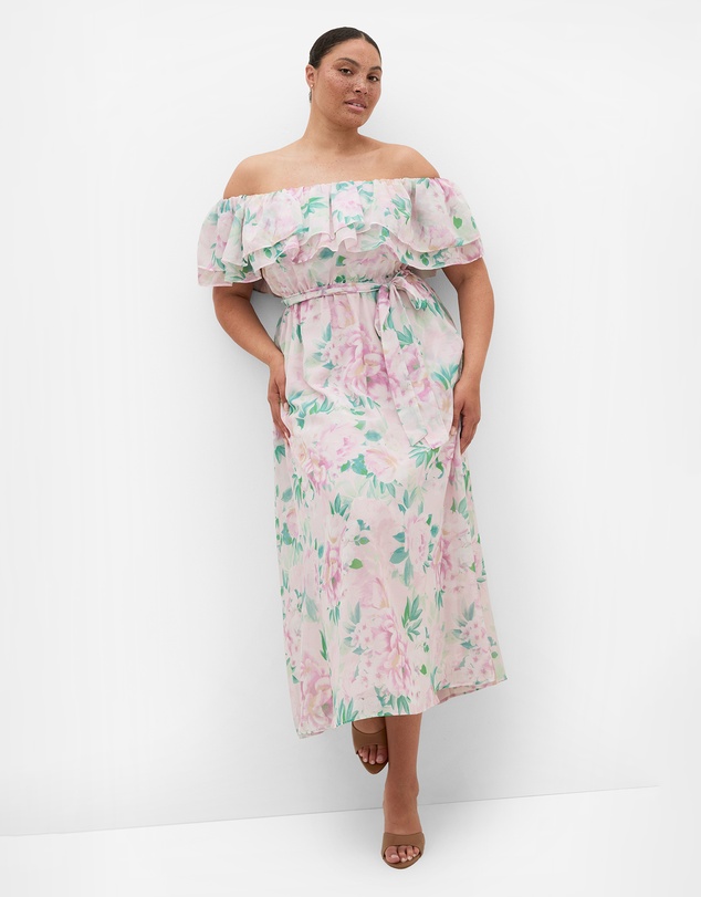 City Chic - Plus size Poetic Floral Print Off Shoulder Maxi Dress - soft pink
