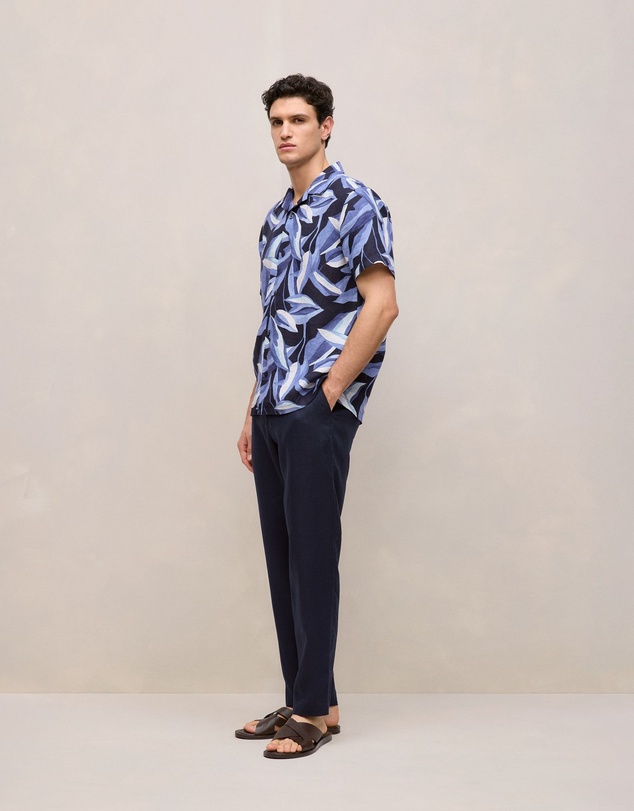 Trenery - Painted Leaf Linen Camp Shirt in Navy