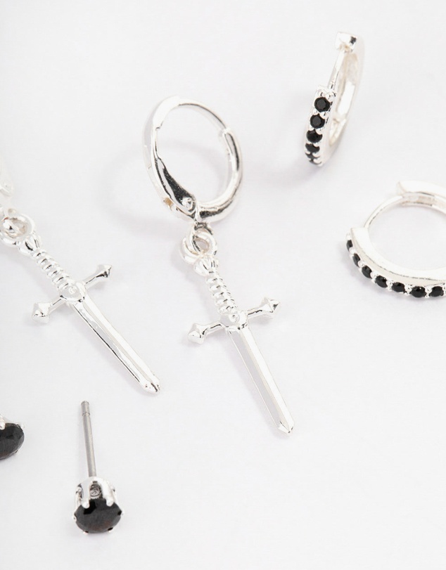 Lovisa - Silver Plated Brass  Cubic Zirconia Dagger Huggie Earrings Pack