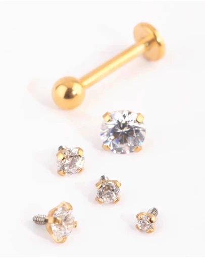 Lovisa - Gold Surgical Steel Single Flat Back Bar & Graduated Stone Interchangeable Ends 6-Pack