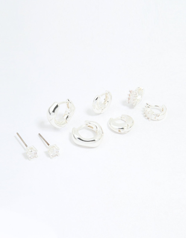 Lovisa - Silver Plated Brass Cubic Zirconia Baguette Hoops & Stud Earrings 4-Pack
