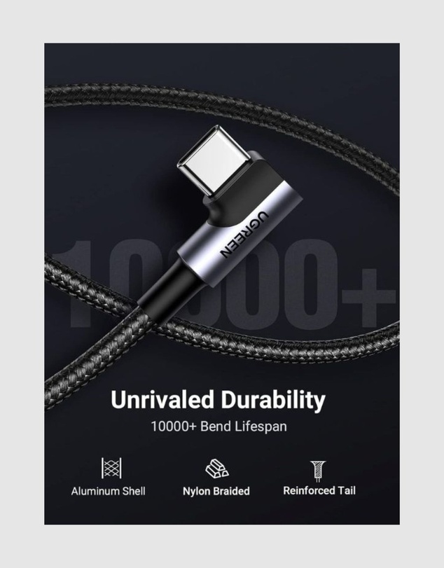Ugreen - UGREEN 90 Degree Angle USB-C Male to USB-A Male Braided Cable 3m