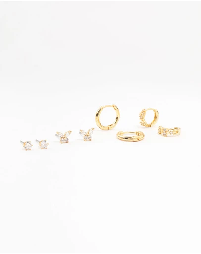 Lovisa - Gold Plated Brass Pave Star & Butterfly Earrings 4-Pack