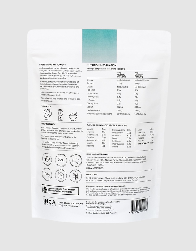 Inca Organics - Skin Body Gut Plant Protein + Hyaluronic Acid + Pre & Probiotics (Creamy Vanilla)