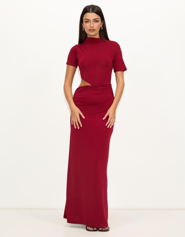 Dazie - Evening Gem Ruched Cut Out Short Sleeve Jersey Maxi Dress