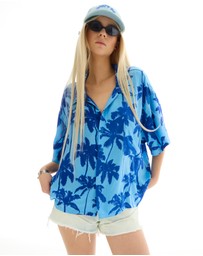 THE TALES - Blue Palm Oversized Silk Shirt