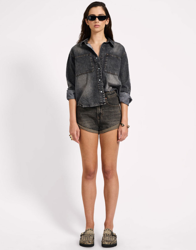 ONE TEASPOON - Nixie Eyelet Classic Fit Denim Shirt - Charcoal Black