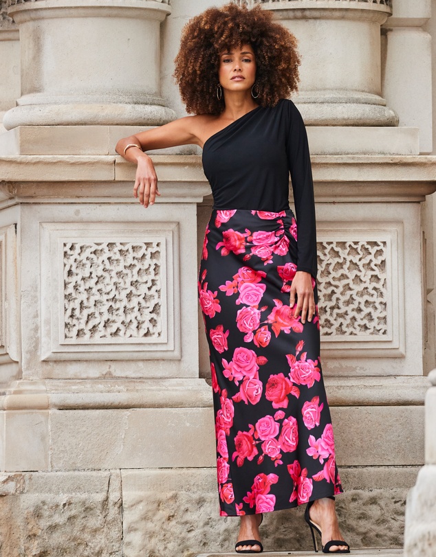 Sosandar - Floral Print Ruched Detail Satin Maxi Skirt