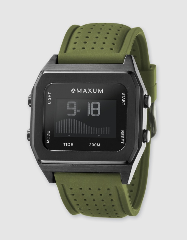 Maxum - Raglan Tide Watch – Black Case, Black Dial & Green Silicone Strap