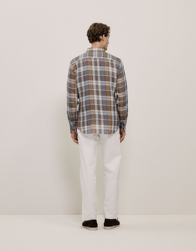 Trenery - Tailored Fit Delave Linen Check Shirt in Cocoa