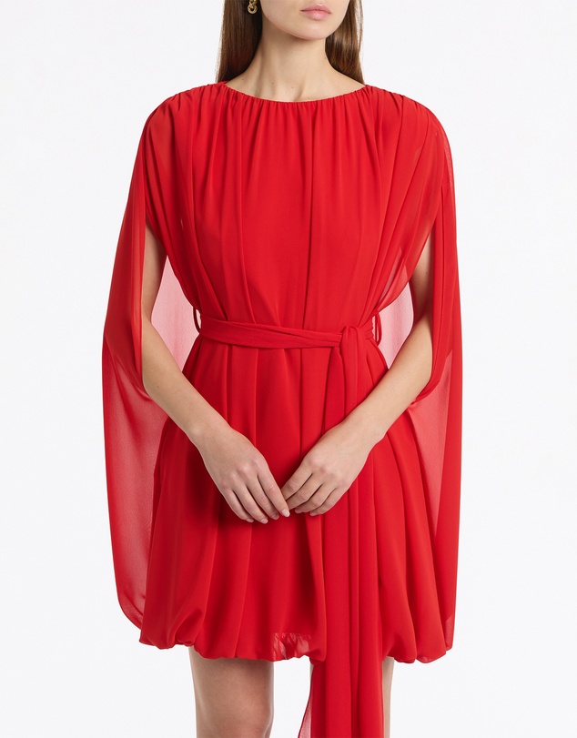 Carla Zampatti - Red Georgette Gathered Capelet Dress