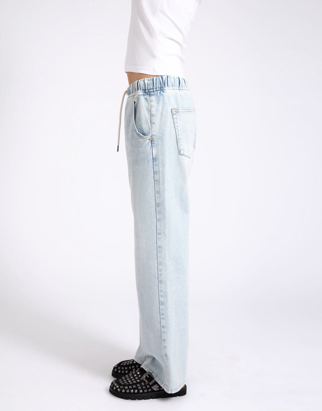 ONE TEASPOON - Roadhouse Mid Waist Wide Leg Drawstring Denim Jean - Blue Latte