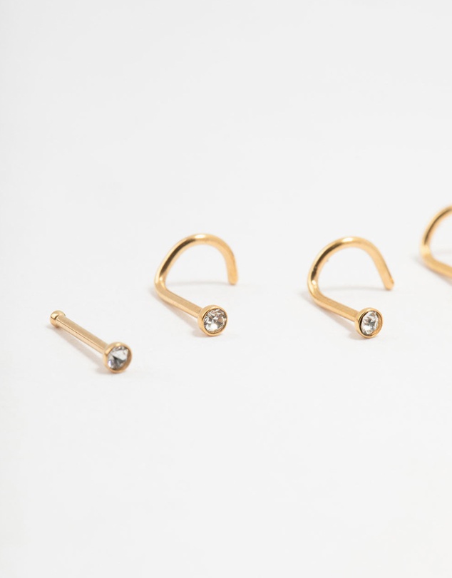 Lovisa - Gold Plated Surgical Steel Mixed Diamante Post Nose Studs 6-Pack