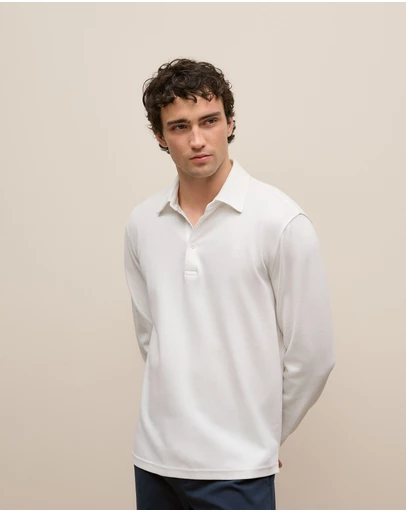 Trenery - Micro Pique Monogram Long Sleeve Polo in White