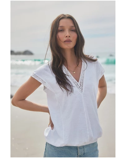NEXT - Short Sleeve Lace V-Neck Bubblehem 100% Cotton Top