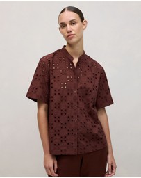 Trenery - Cotton Geo Cutwork Short Sleeve Shirt in Espresso