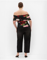 City Chic - Plus Size Dana Mesh Rose Print Top - black