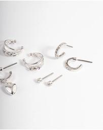Lovisa - Silver Crystal Puffed Heart Earrings 4-Pack