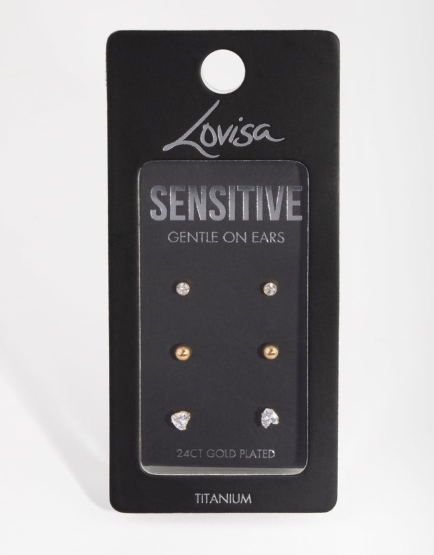 Lovisa - 24 Carat Gold Plated Surgical Steel Love Stud Earrings 3-Pack