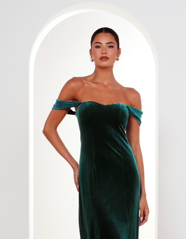 Pilgrim - Olive Off Shoulder Velvet Gown