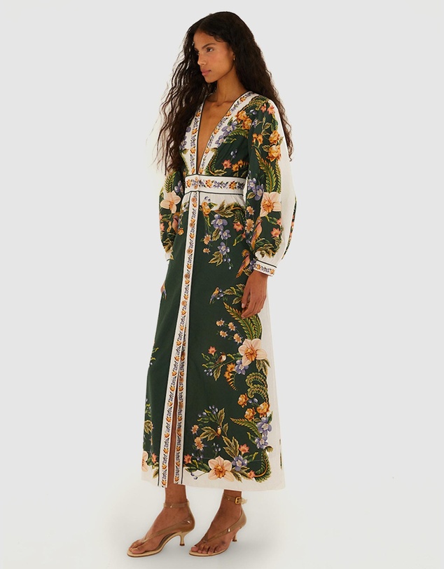 Farm Rio - Green Nature V Neck Buttoned Maxi Dress