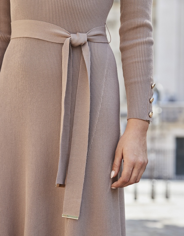 Sosandar - Café Au Lait Fit & Flare Soft Ribbed Knit Dress