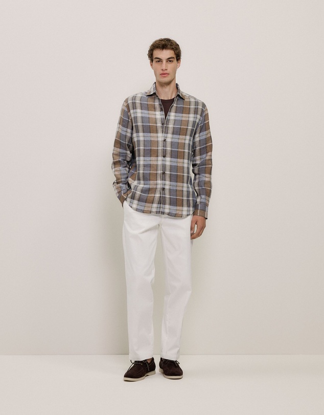 Trenery - Tailored Fit Delave Linen Check Shirt in Cocoa