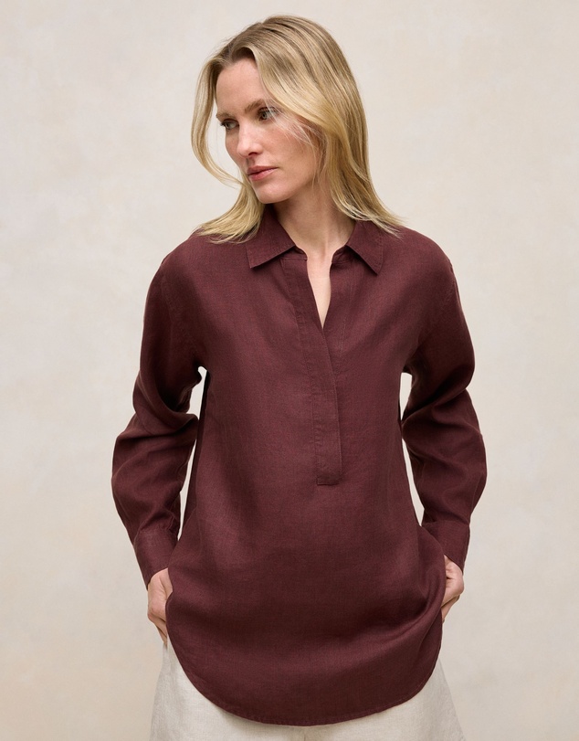Trenery - Delave Linen Half Placket Shirt in Espresso
