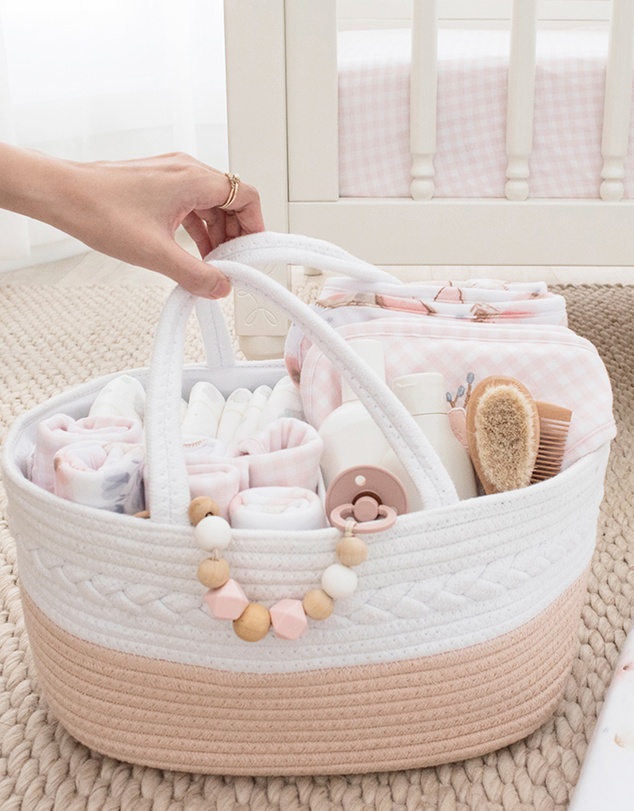 Living Textiles - Cotton Rope Nappy Caddy with Divider - Blush/White
