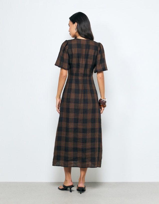 AERE - Inka Linen Gingham Puff Sleeve Midi Dress