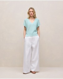 Trenery - Mercerised Cotton Relaxed V Neck Knit in Pastel Blue