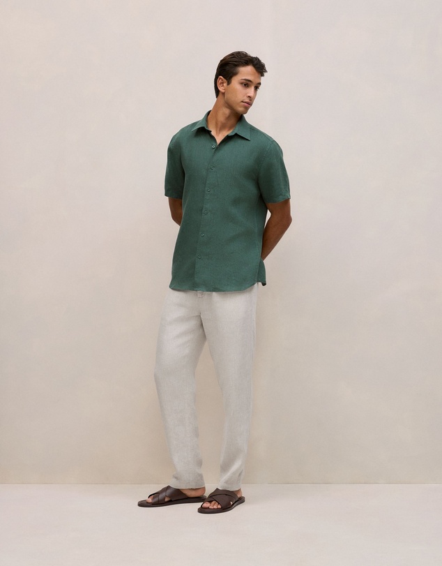 Trenery - Linen End On End Short Sleeve Shirt in Woodland Green
