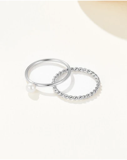 Mestige - Delicate Pearl Stacking Ring Set - Silver Plated