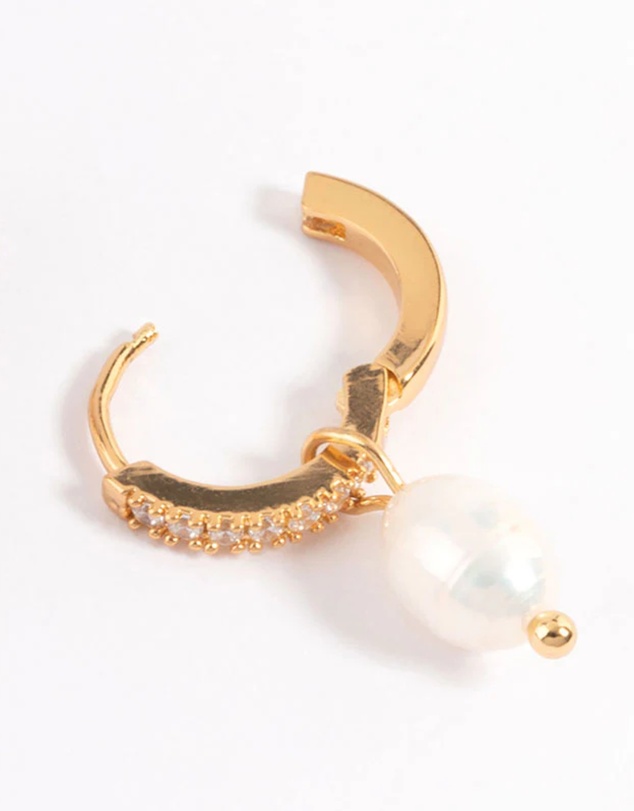 Lovisa - Waterproof Gold Plated Stainless Steel Diamante Freshwater Pearl Drop Huggie Earrings