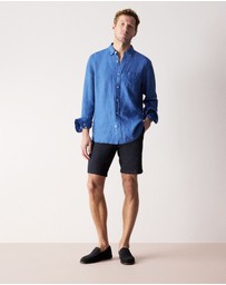 Trenery - Regular Fit Delave Linen Long Sleeve Shirt in Mineral Blue